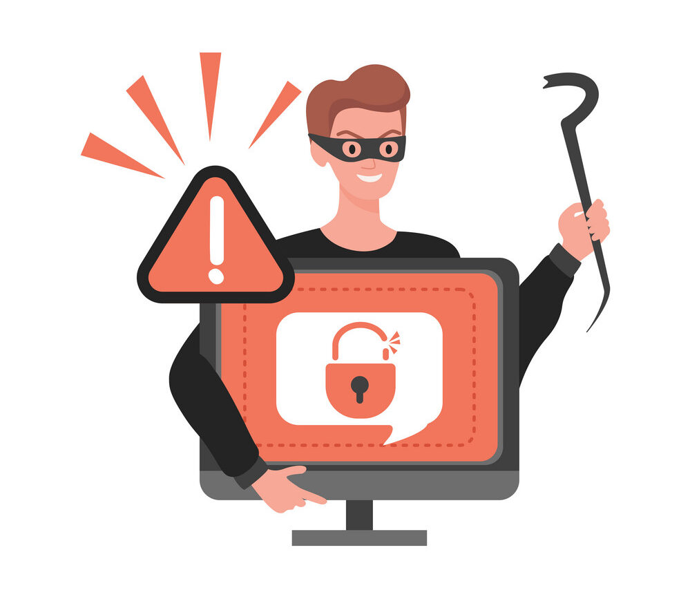 Thief hacking personal data in computer vector flat illustration. Cyber security, internet virus, cyber crime.