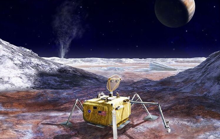 This artist’s rendering illustrates a conceptual design for a potential future mission to land a robotic probe on the surface of Jupiter’s moon Europa. The lander is shown with a sampling arm extended, having previously excavated a small area on the surface. The circular dish on top is a dual-purpose high-gain antenna and camera mast, with stereo imaging cameras mounted on the back of the antenna. Three vertical shapes located around the top center of the lander are attachment points for cables that would lower the rover from a sky crane, which is envisioned as the landing system for this mission concept. An alternate version of this artwork, with a vertical orientation, is also available (see Figure 1).More: Original public domain image from <a href="https://commons.wikimedia.org/wiki/File:PIA21048_-_Europa_Lander_Mission_Concept_%28Artist%27s_Rendering%29,_Figure_1.jpg" target="_blank" rel="noopener noreferrer nofollow">Wikimedia Commons</a>