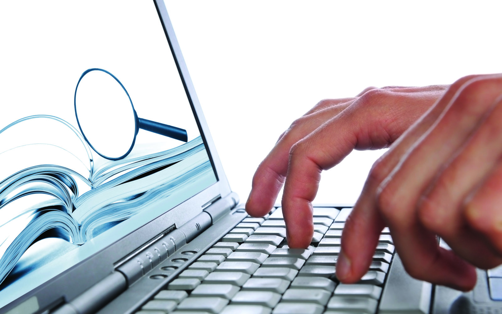 Searching internet, man’s hands laptop keyboard, magnifying glass on screen